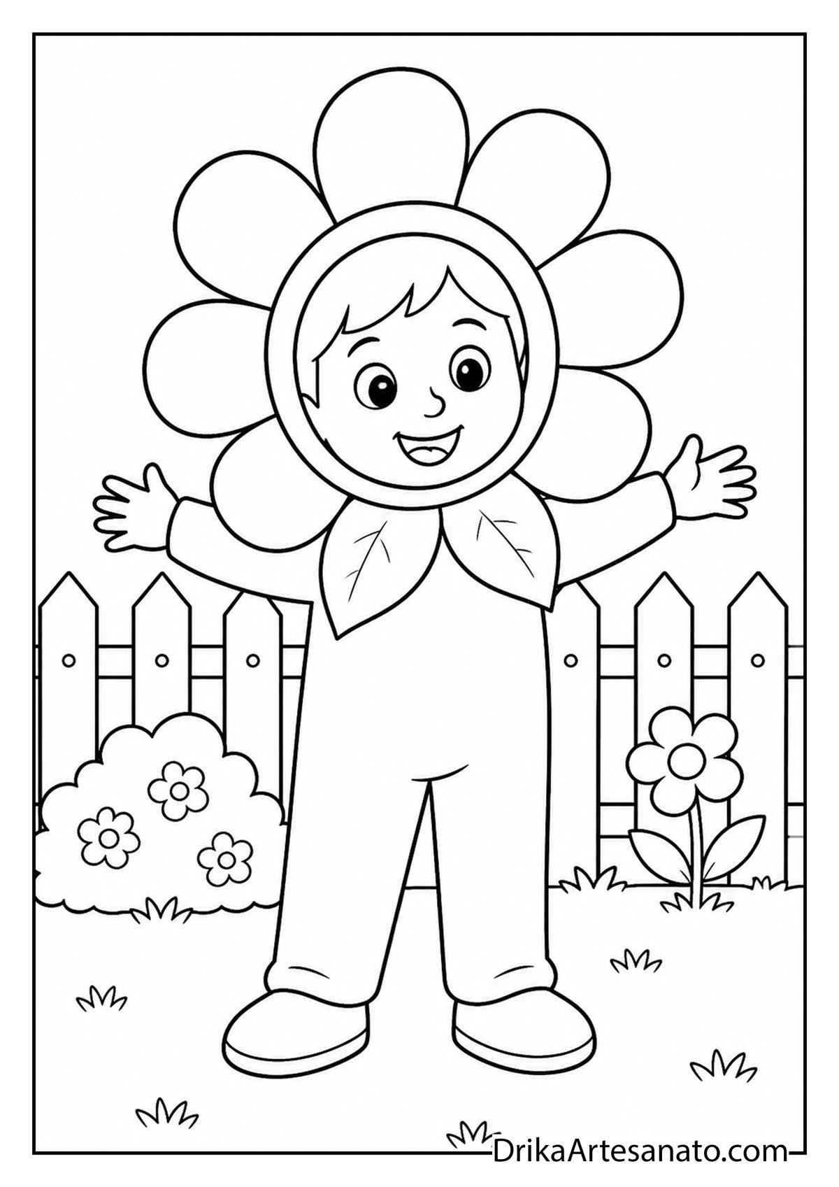 Child dressed as smiling flower in garden coloring sheet