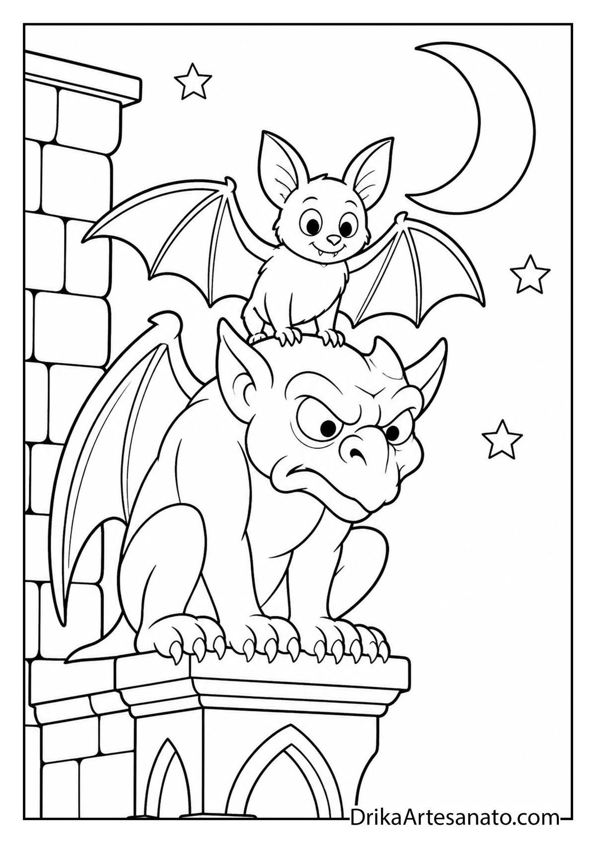 Cute bat perched on top of a stone gargoyle statue coloring sheet