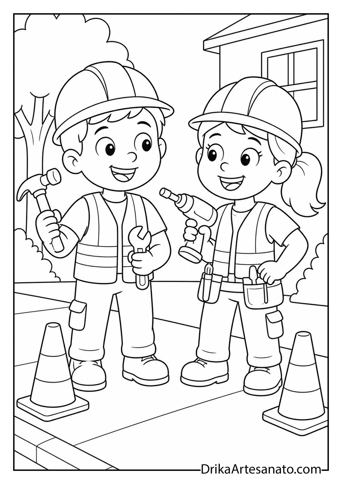 Two kids dressed in construction worker gear with tools coloring printable