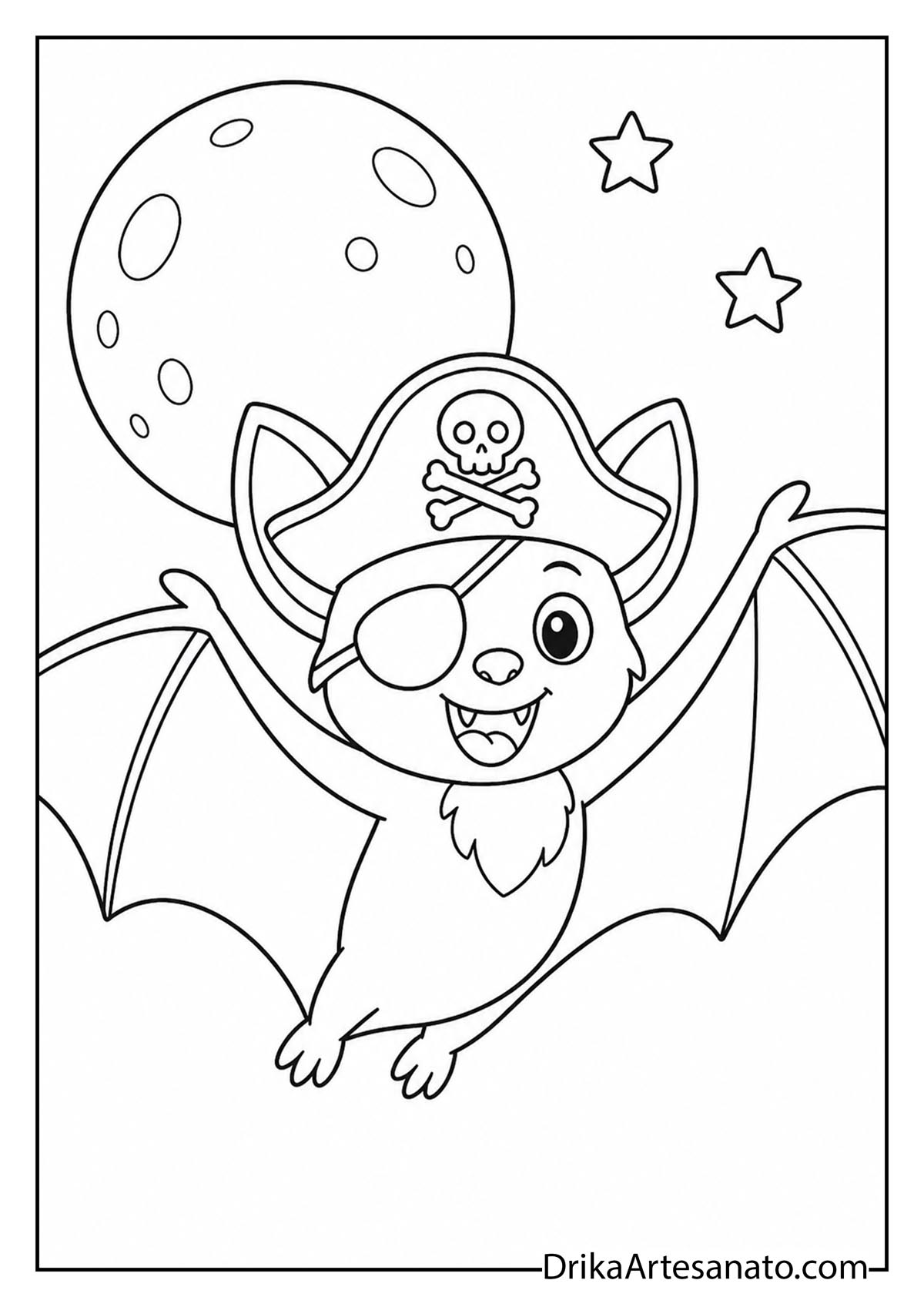Cute pirate bat wearing an eye patch and skull hat coloring page
