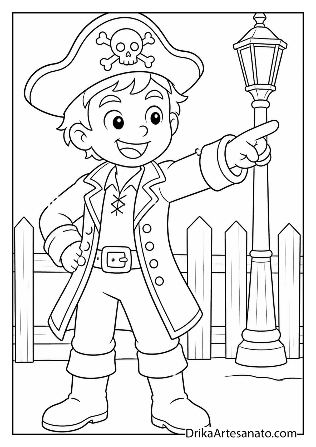 Boy pirate captain pointing forward near street lamp coloring page