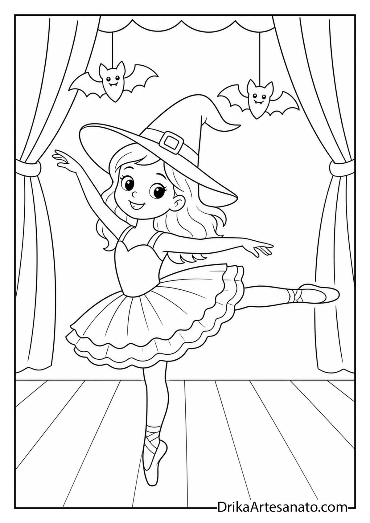 Witch ballerina dancing on stage with hanging bat decorations coloring sheet
