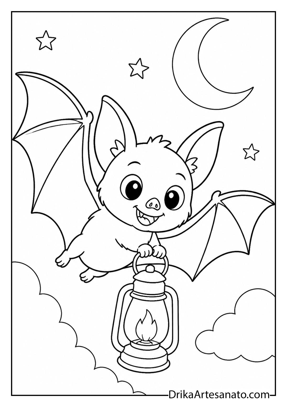 Friendly bat flying while carrying a lit lantern coloring sheet