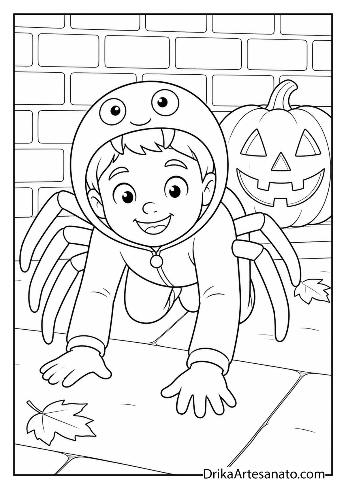 Boy crawling in cute spider costume next to jack-o'-lantern coloring printable
