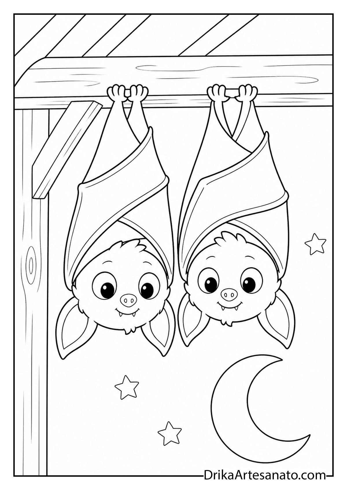 Two cute bats hanging upside down under a wooden roof coloring page