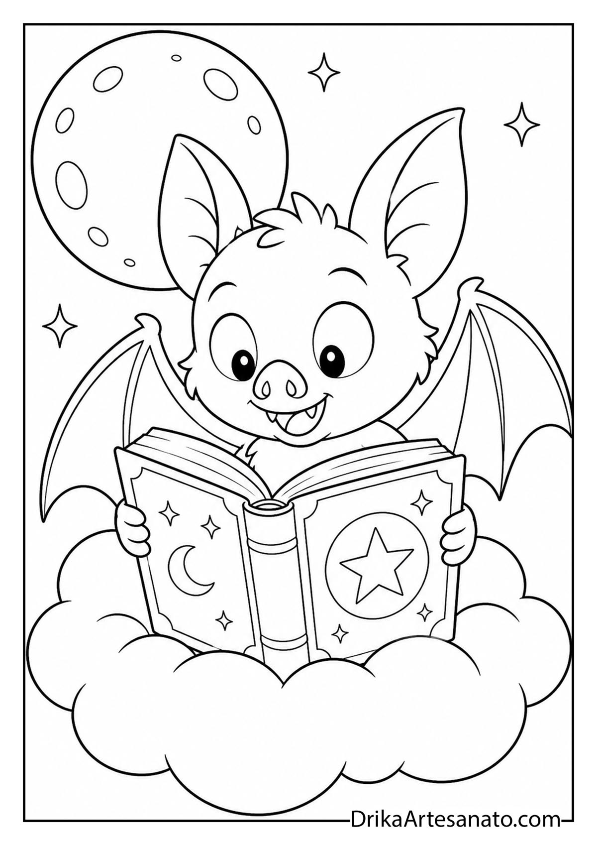 Cute bat sitting on a cloud reading a magic spellbook coloring page