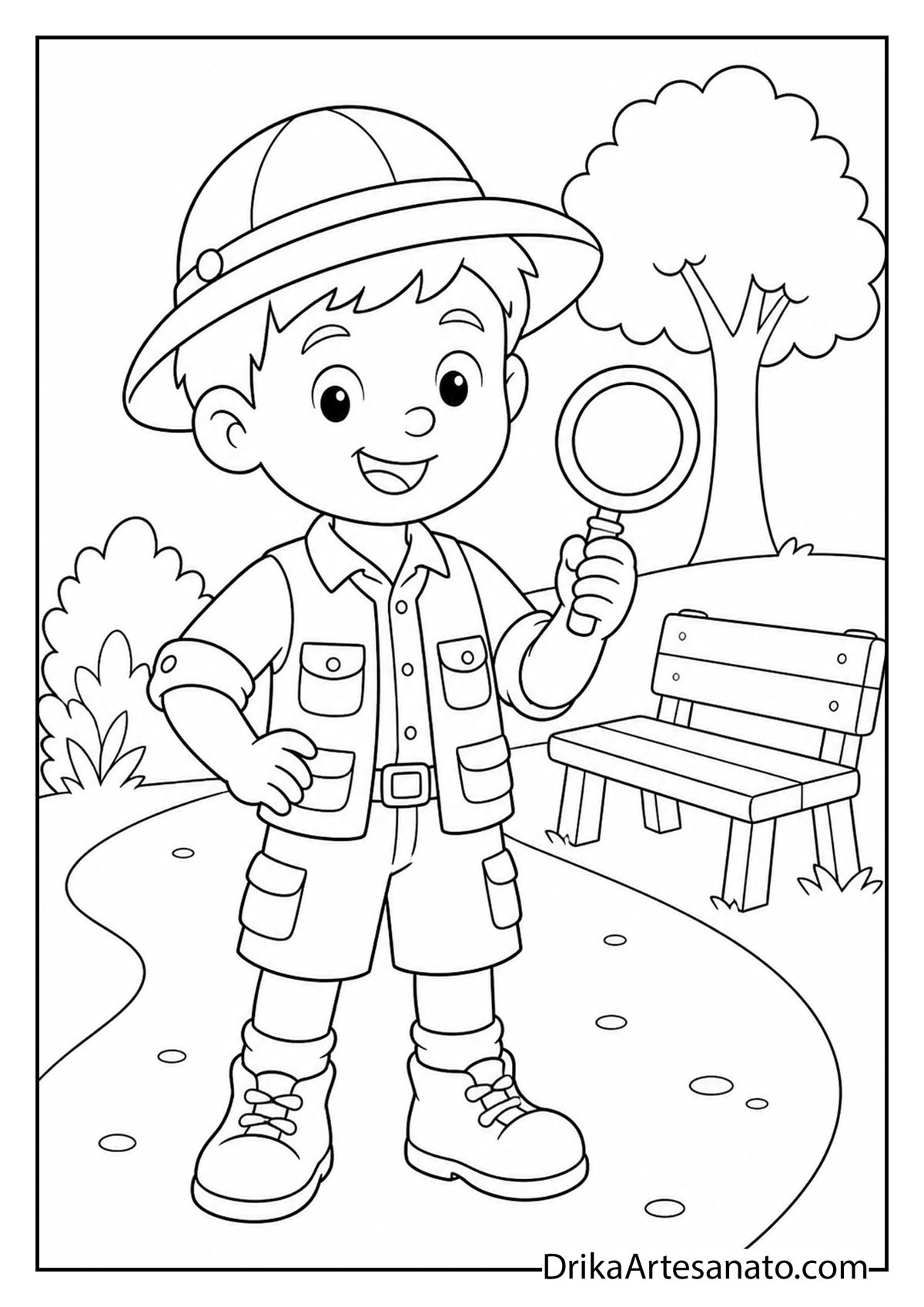 Boy safari explorer holding magnifying glass in park coloring page