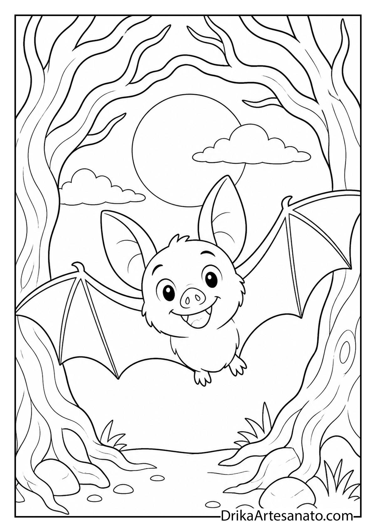 Cartoon bat flying through an enchanted forest path coloring sheet