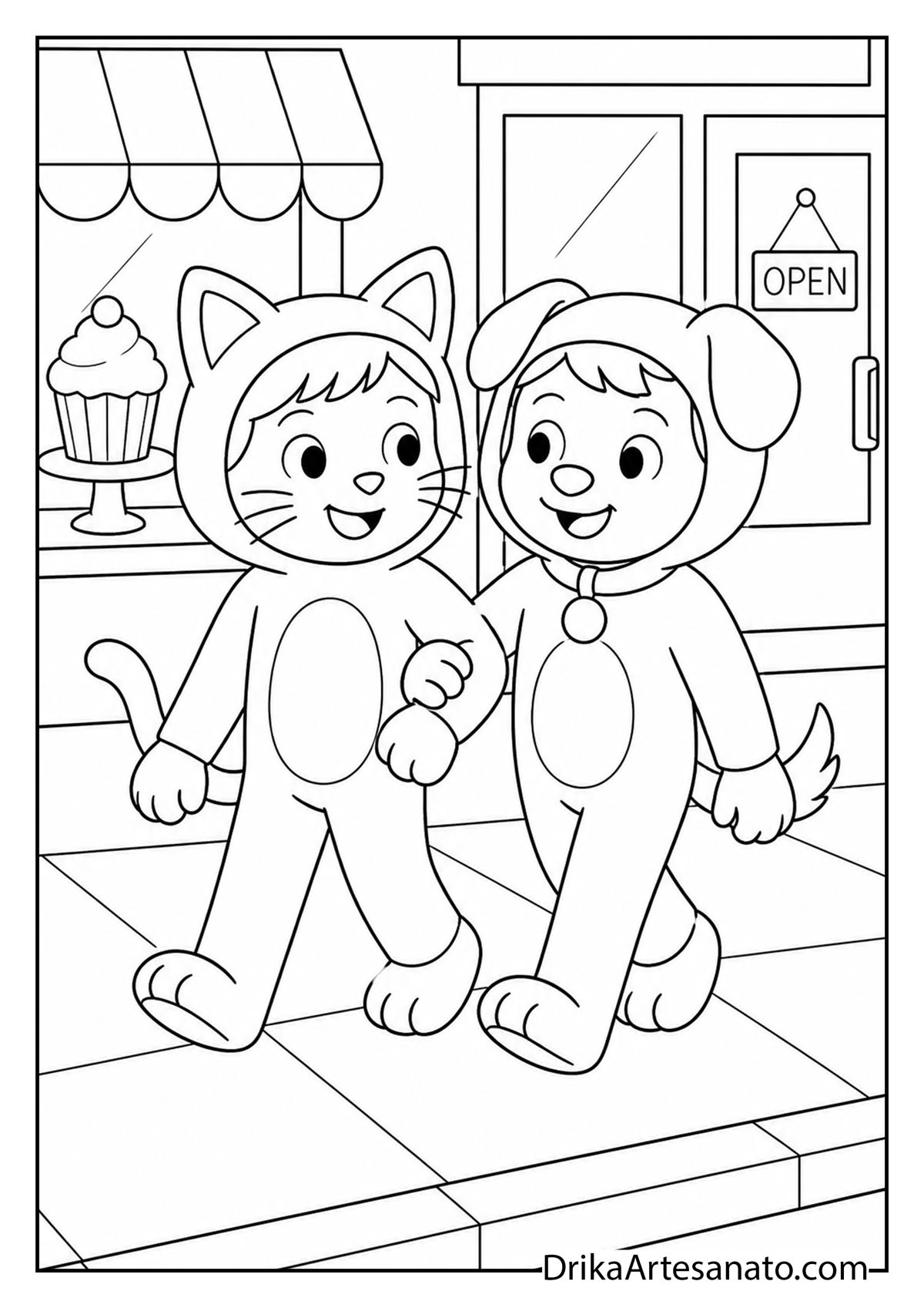 Two friends dressed as cat and dog walking together coloring sheet