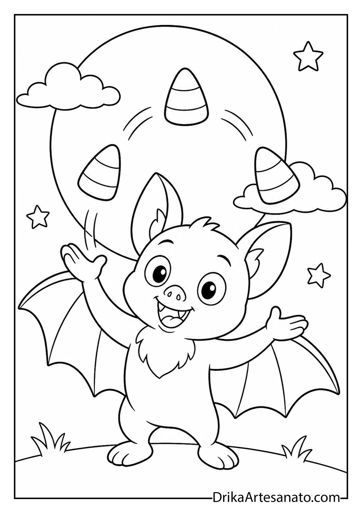 Playful bat juggling candy corn pieces under full moon coloring page
