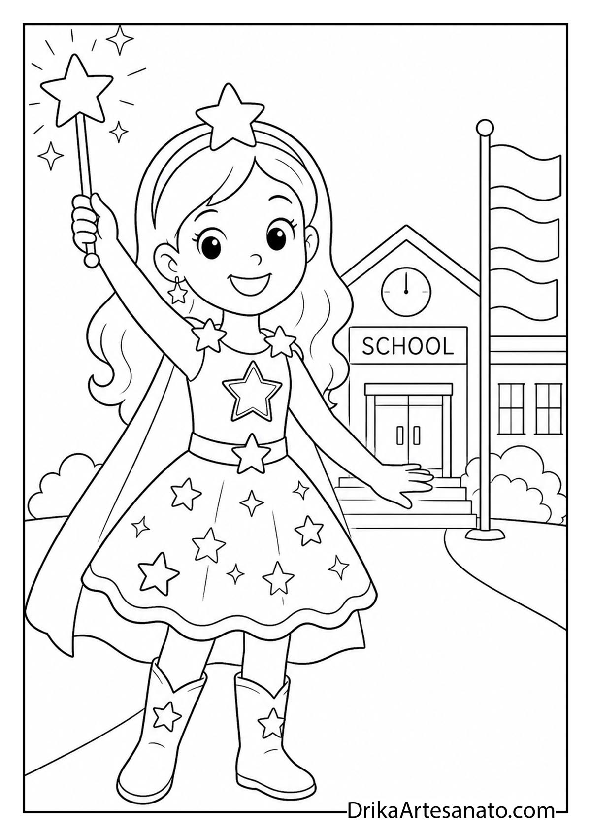 Girl dressed as star superhero holding glowing wand coloring printable