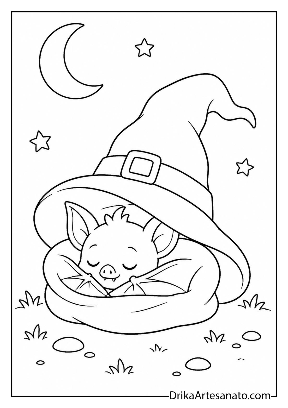 Tiny baby bat sleeping nestled inside a large witch hat coloring page