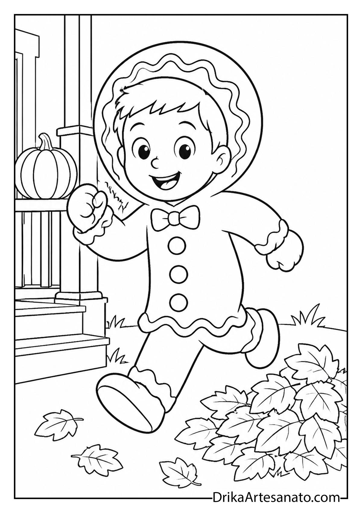 Boy running in gingerbread man costume past leaf pile coloring page