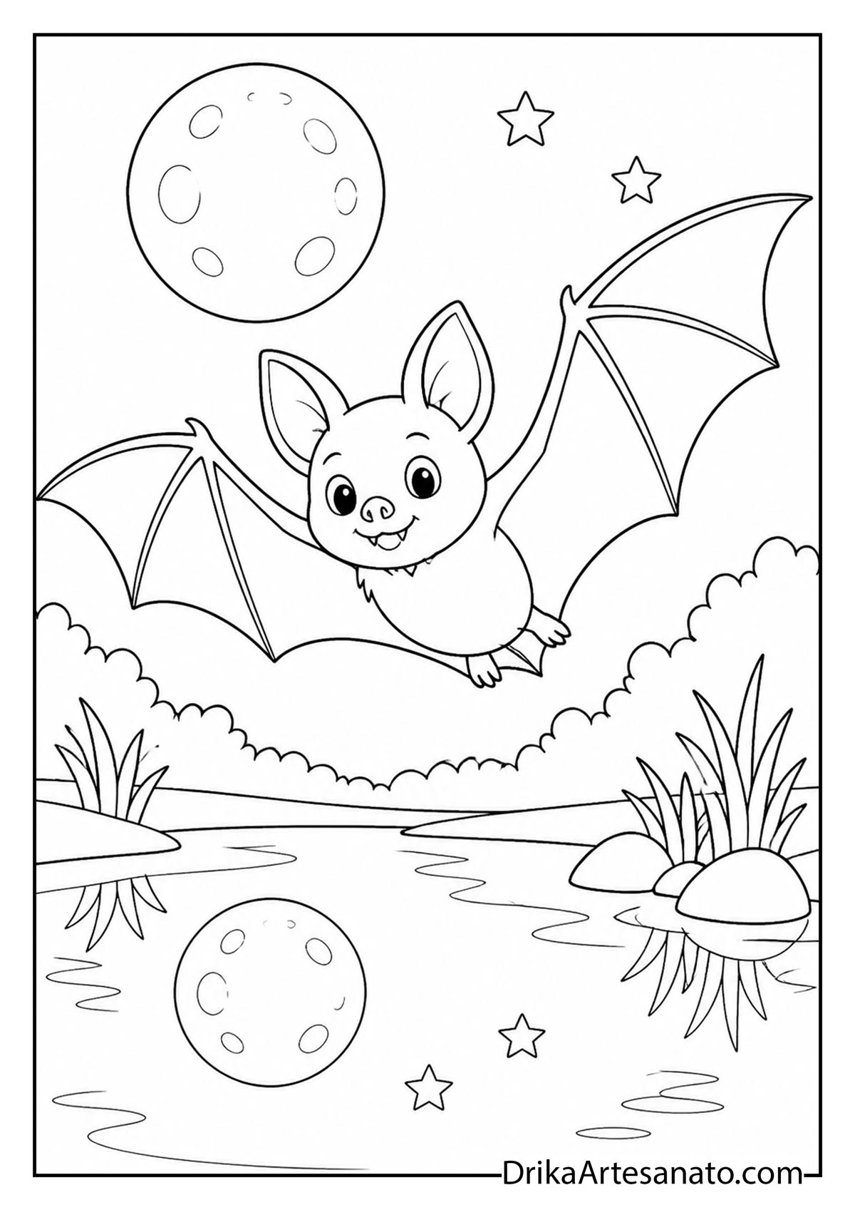 Cute bat flying over water reflecting the night moon coloring sheet