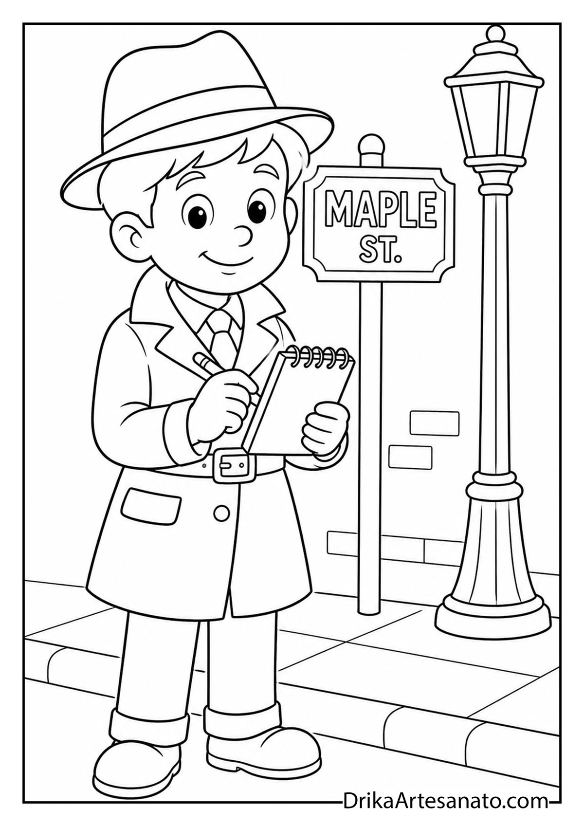 Boy detective taking notes on Maple Street coloring sheet