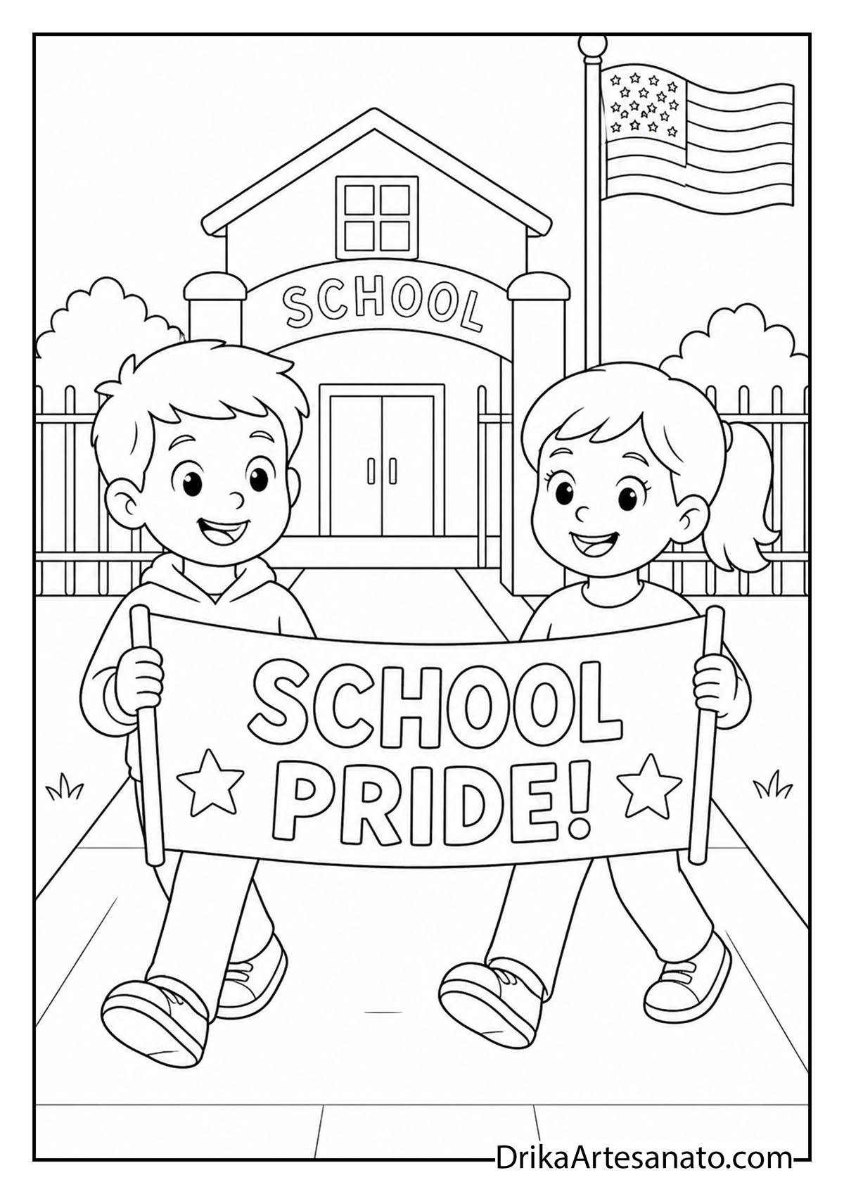 Two students holding School Pride banner outside schoolhouse coloring page