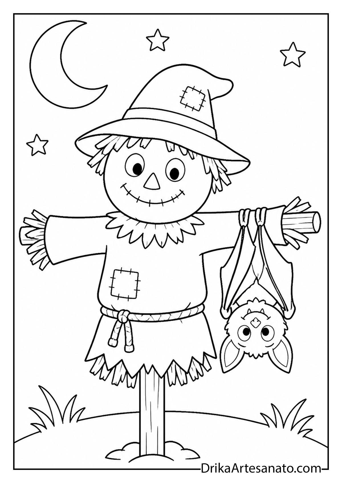 Cute bat hanging from a friendly smiling scarecrow coloring sheet