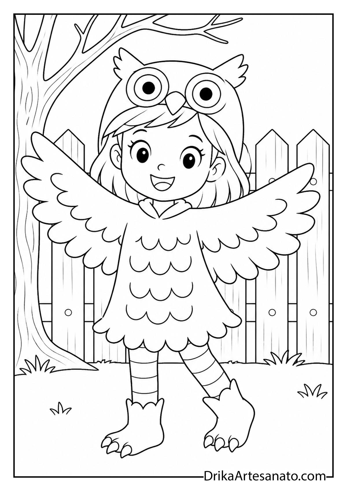 Girl in owl costume spreading winged arms outdoors coloring printable