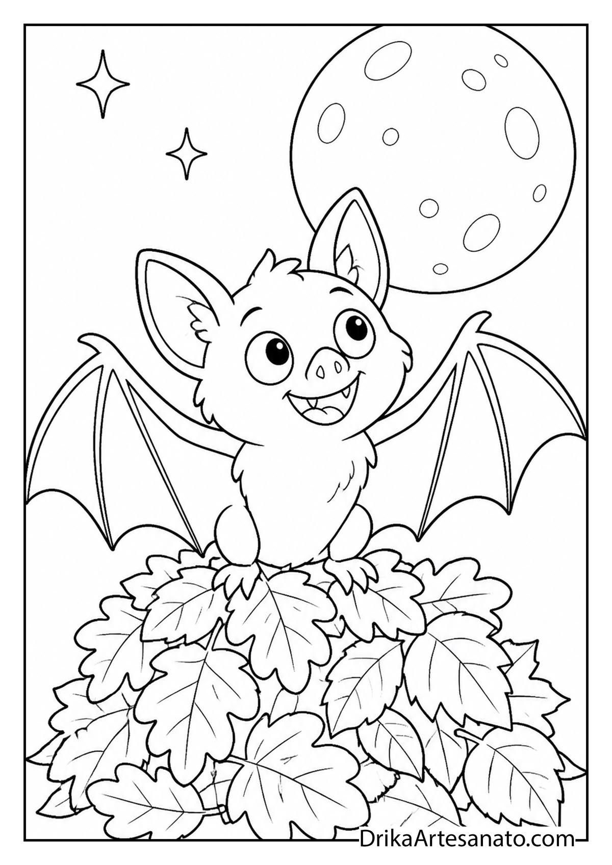 Cute bat sitting proudly on a large pile of fall leaves coloring page