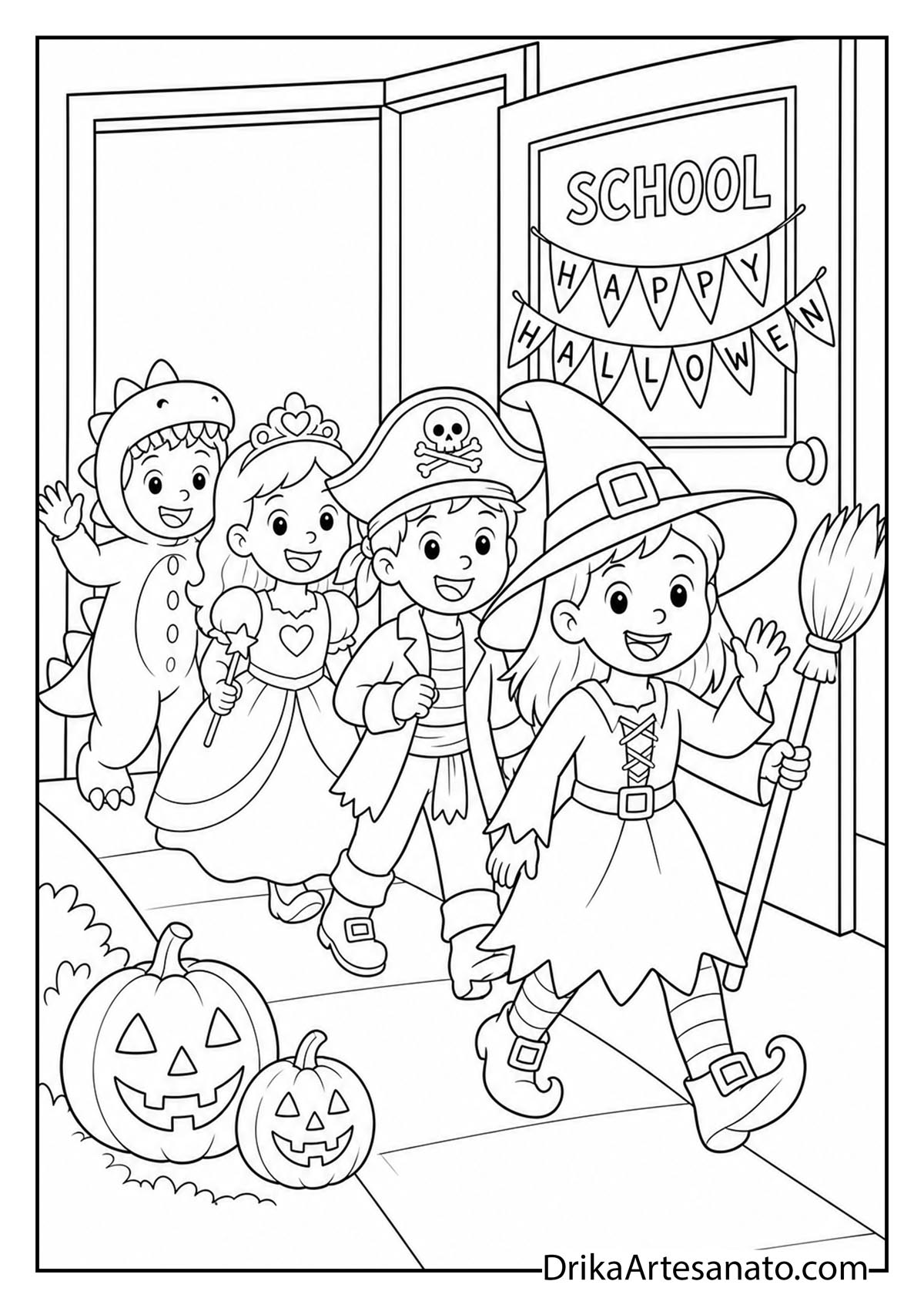 Group of costumed kids marching out school door for Halloween parade coloring sheet