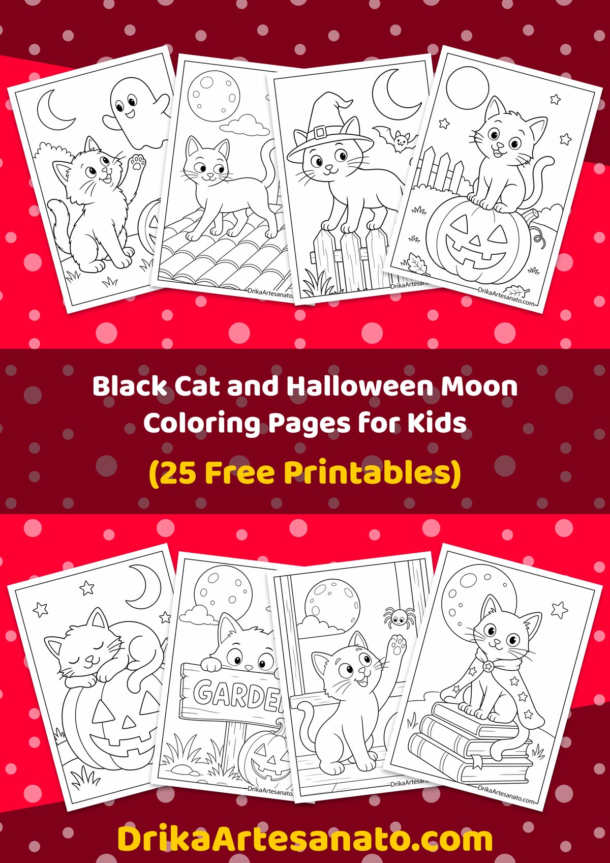 Black Cat and Halloween Moon coloring page collection overview with printable sheets preview