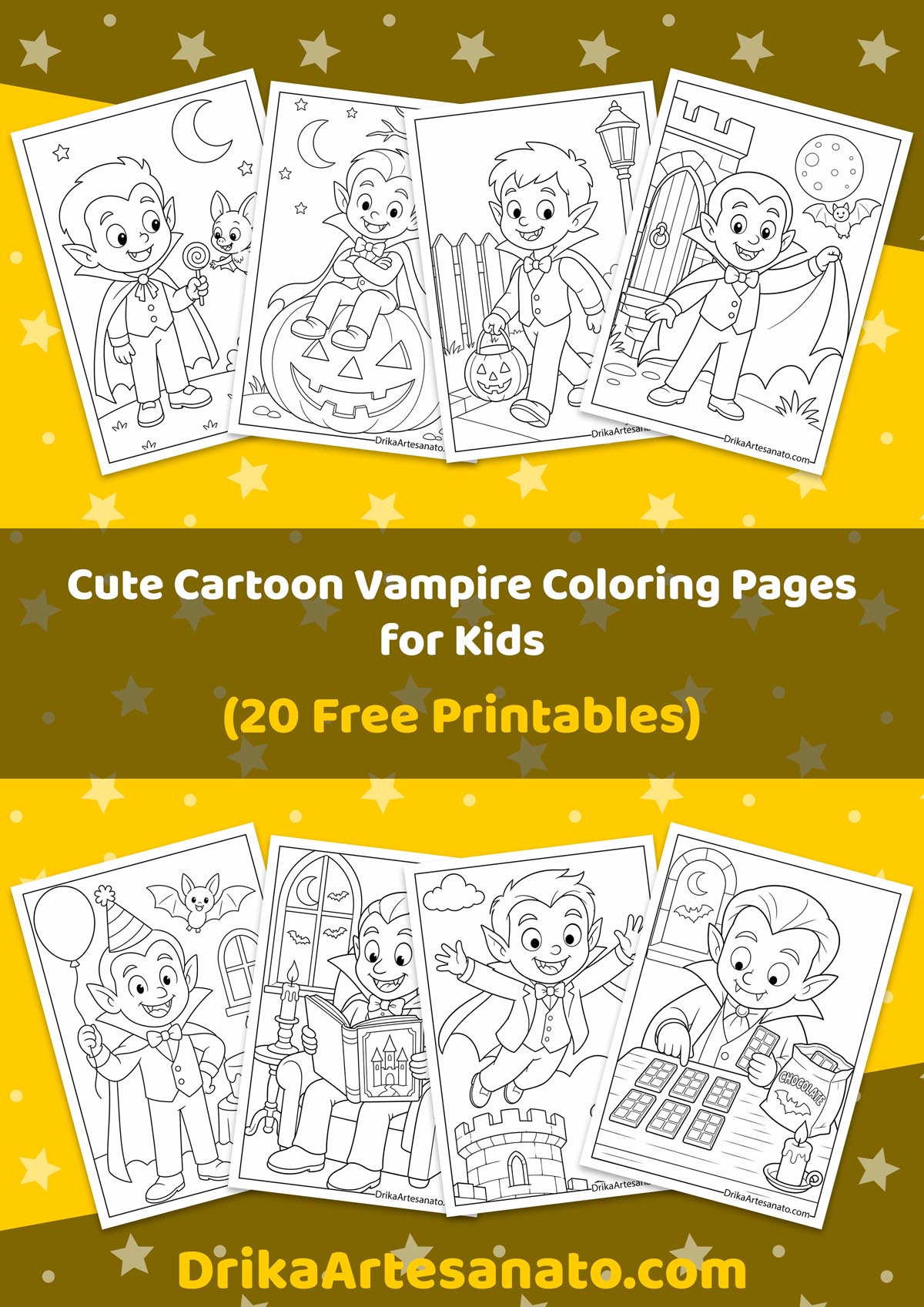 Printable set of cute cartoon vampire coloring pages for kids laid out on a starry background
