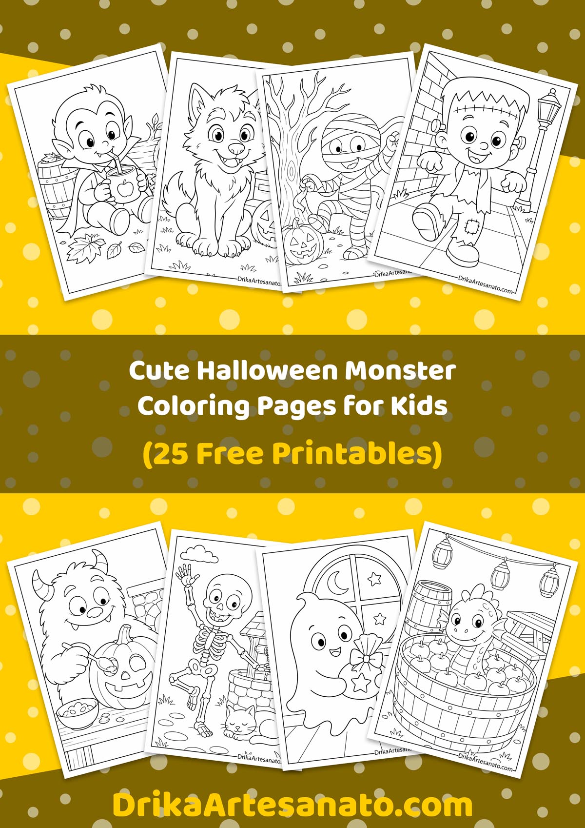 Cute Halloween monster coloring pages printable set collage for kids