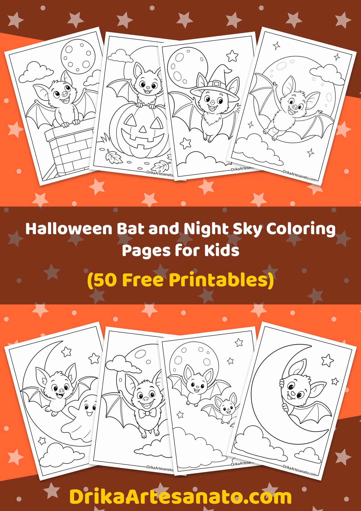 Printable Halloween bat and night sky coloring pages collection preview