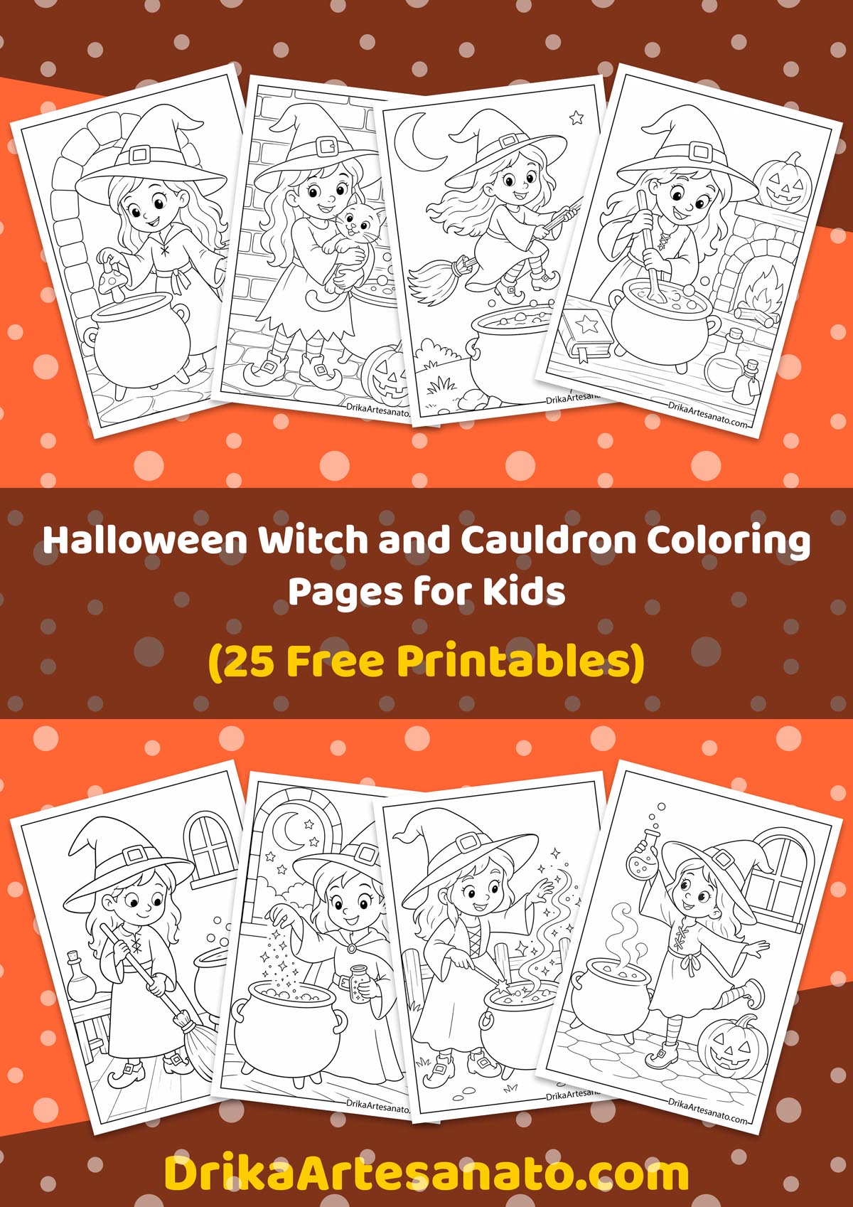 Printable Halloween witch and cauldron coloring pages collection preview graphic