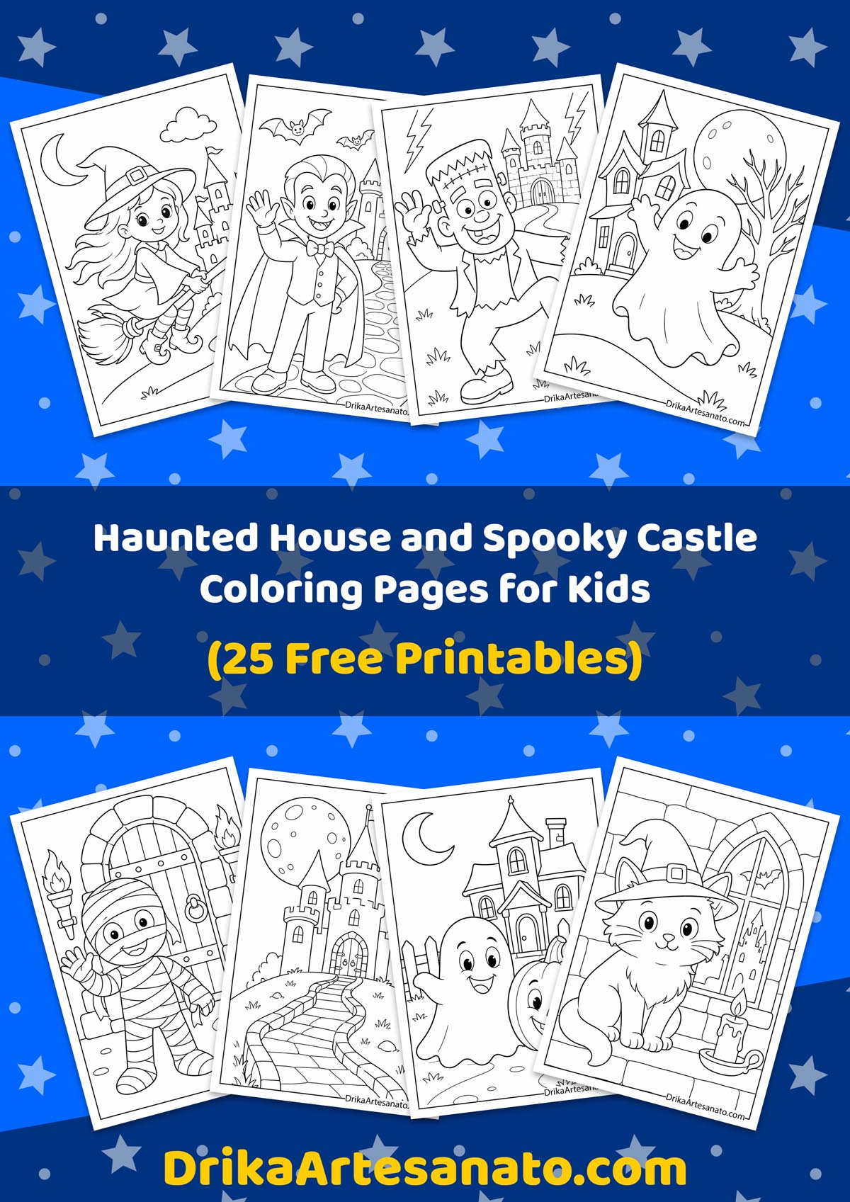 Collection of printable haunted house and spooky castle coloring sheets for kids